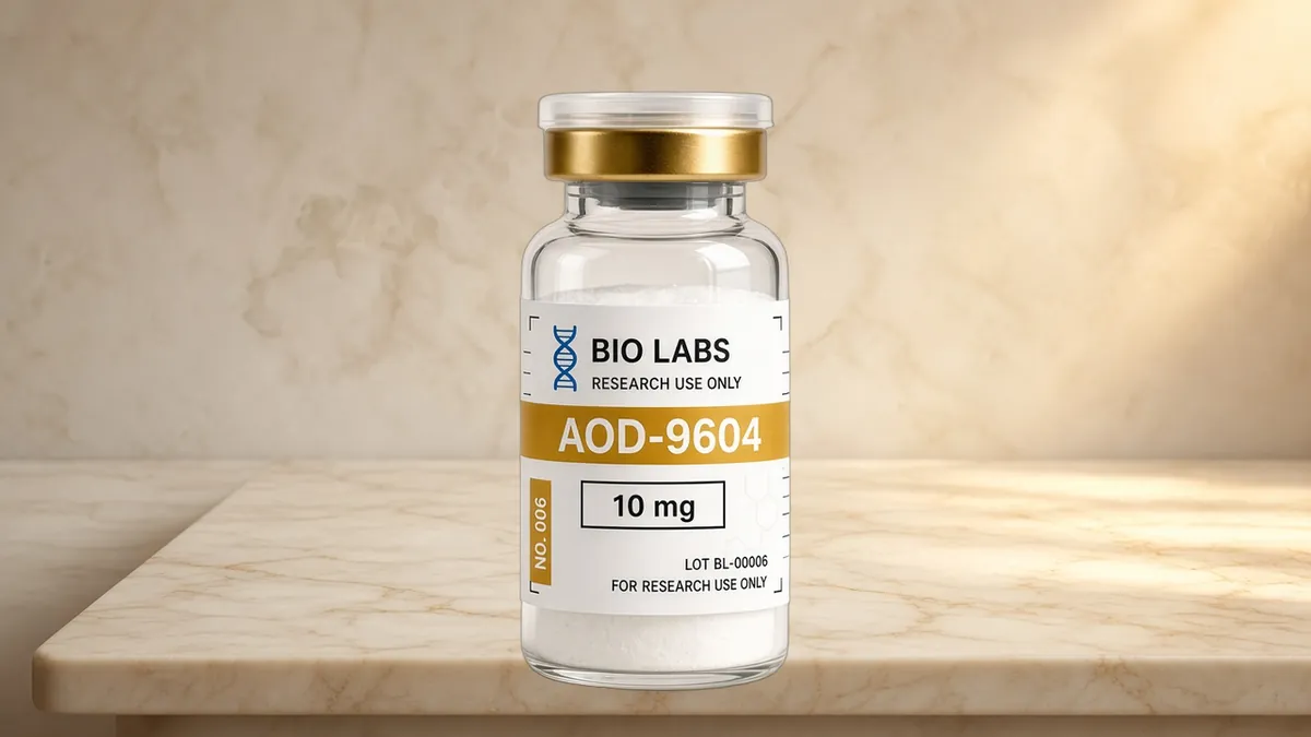 AOD-9604 catalog vial representing a listed research SKU with named sequence and CAS on the product card