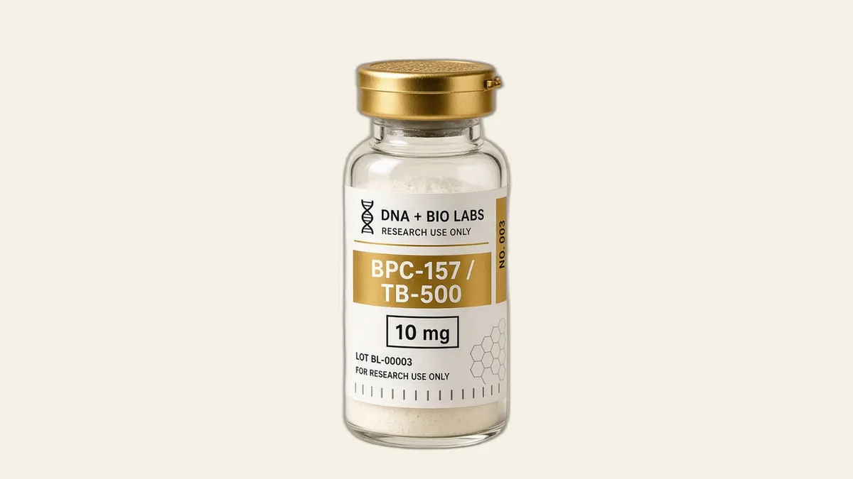 BPC-157 and TB-500 blend catalog vial showing a two-component research listing