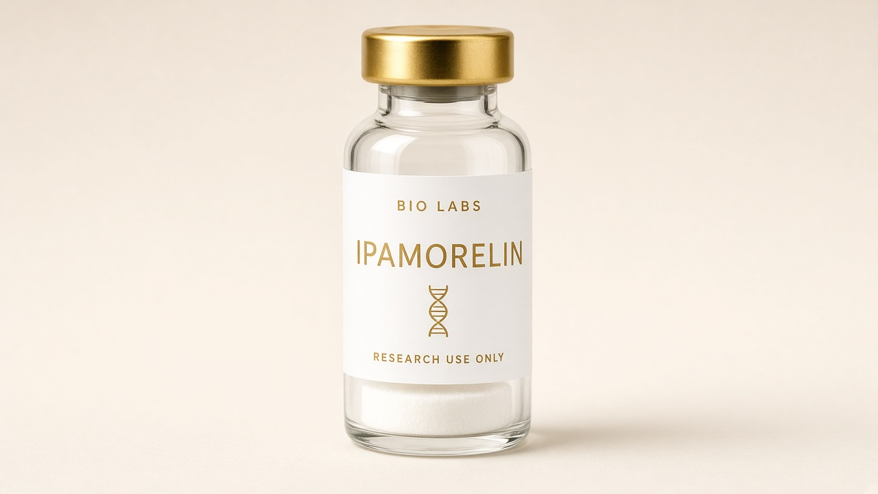 Clear glass research vial labeled Ipamorelin with a gold crimp cap